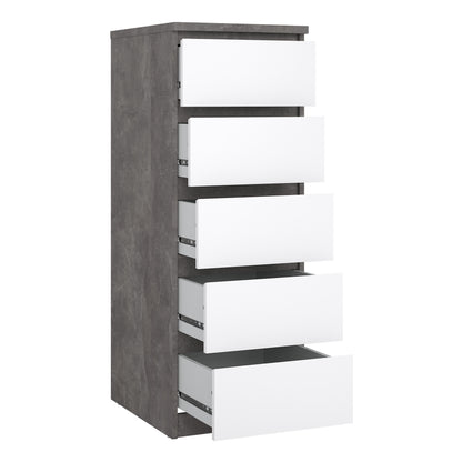 naia narrow chest of 5 drawers in concrete and white high gloss