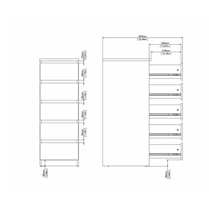 naia narrow chest of 5 drawers in concrete and white high gloss