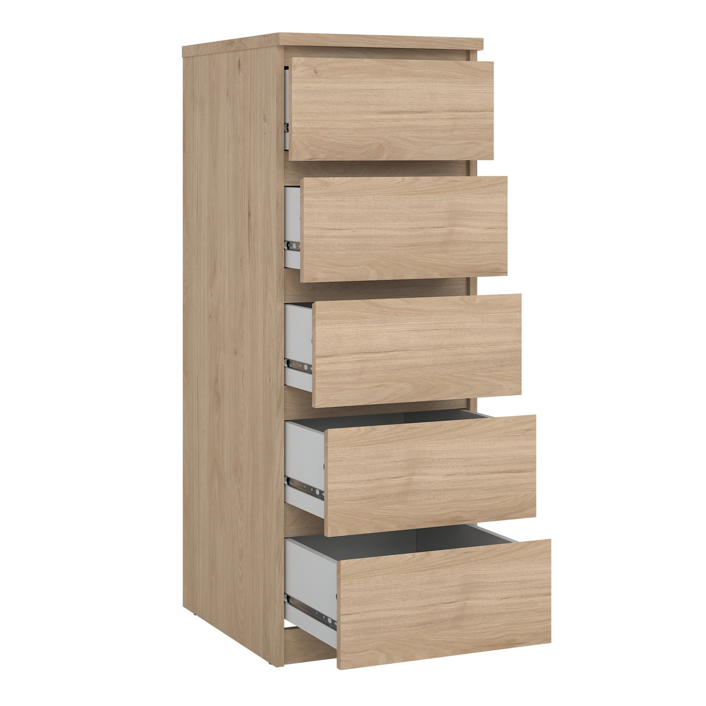 naia narrow chest of 5 drawers in jackson hickory oak