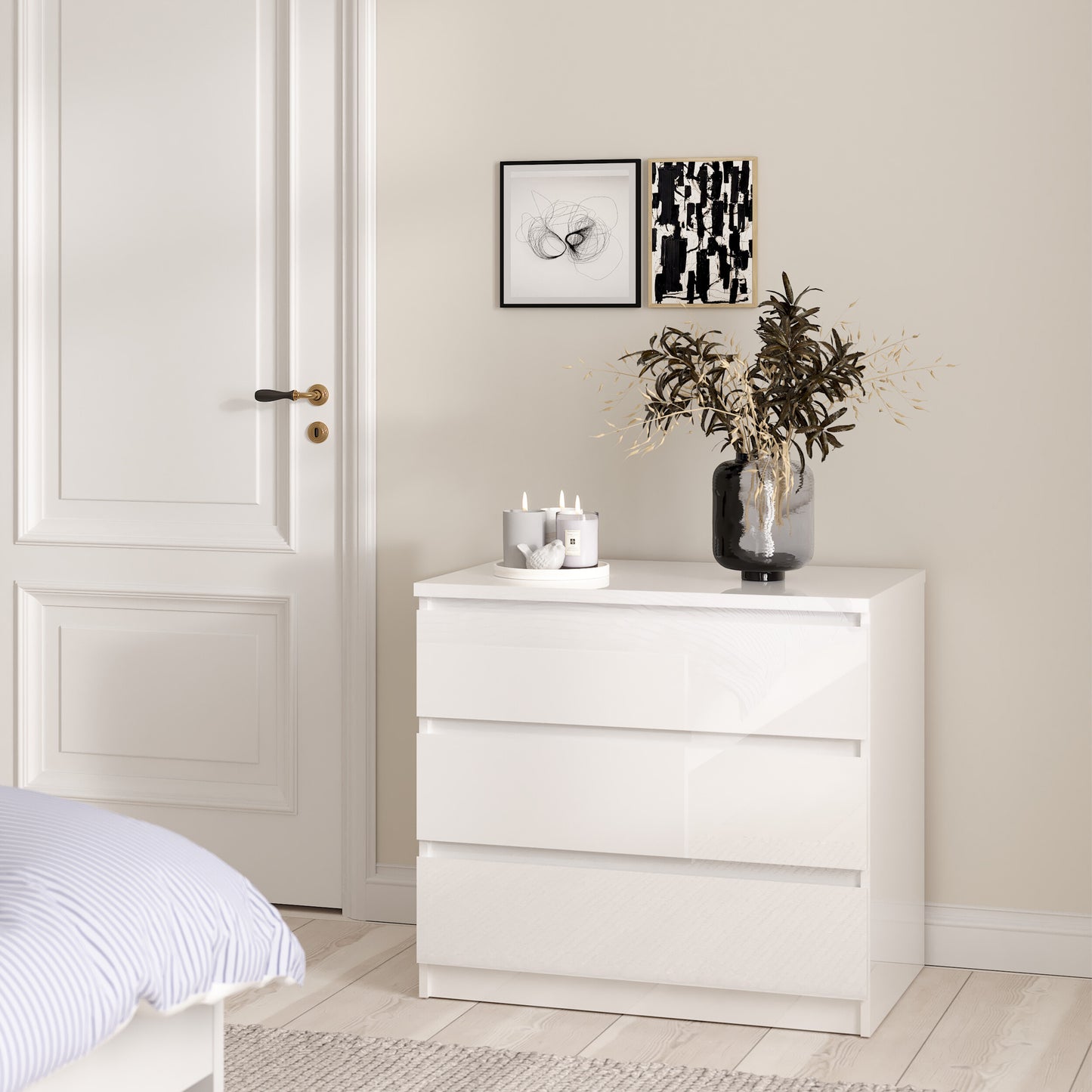 naia chest of 3 drawers in white high gloss