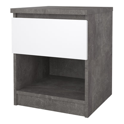 naia bedside 1 drawer 1 shelf in concrete and white high gloss