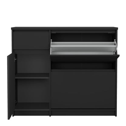 naia shoe cabinet with 2 flip down doors 1 door and 1 drawer in black matt