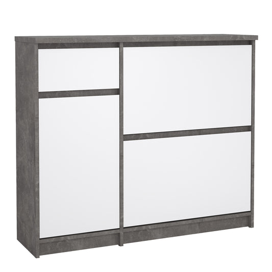 naia shoe cabinet with 2 flip down doors 1 door and 1 drawer in concrete and white high gloss