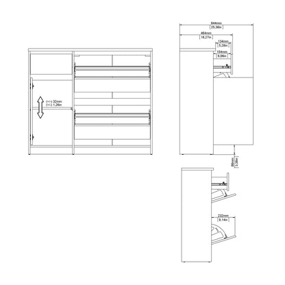 naia shoe cabinet with 2 flip down doors 1 door and 1 drawer in concrete and white high gloss