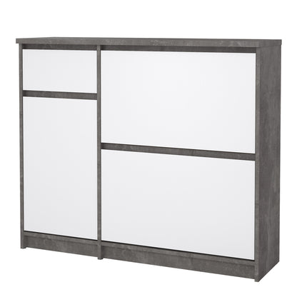 naia shoe cabinet with 2 flip down doors 1 door and 1 drawer in concrete and white high gloss