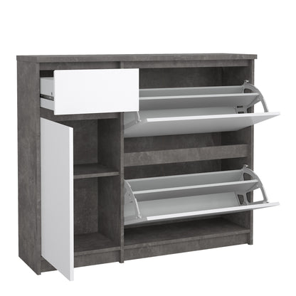 naia shoe cabinet with 2 flip down doors 1 door and 1 drawer in concrete and white high gloss