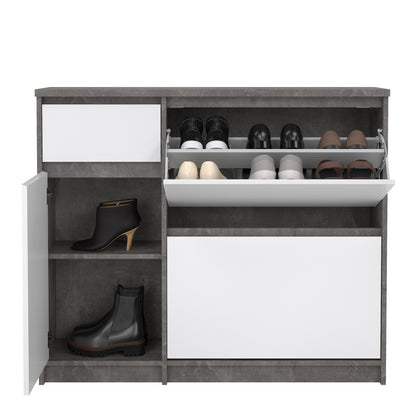naia shoe cabinet with 2 flip down doors 1 door and 1 drawer in concrete and white high gloss