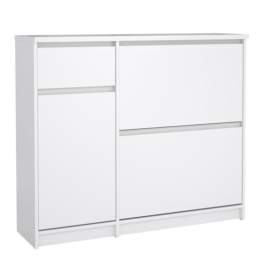 naia shoe cabinet with 2 flip down doors 1 door and 1 drawer in white high gloss