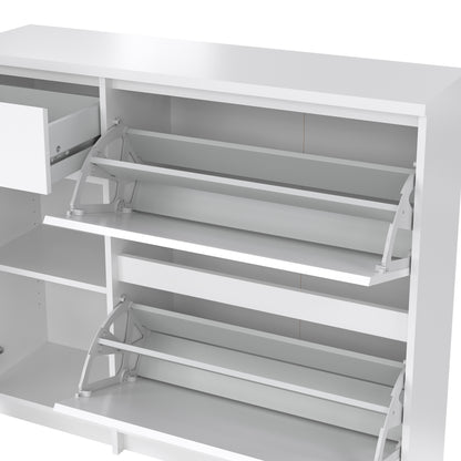 naia shoe cabinet with 2 flip down doors 1 door and 1 drawer in white high gloss