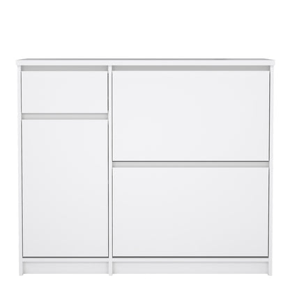 naia shoe cabinet with 2 flip down doors 1 door and 1 drawer in white high gloss