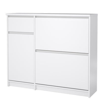 naia shoe cabinet with 2 flip down doors 1 door and 1 drawer in white high gloss