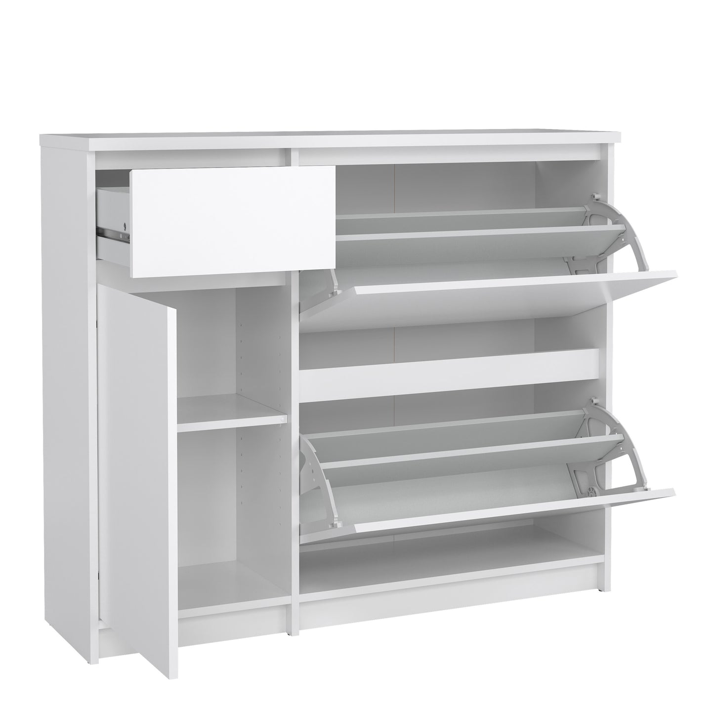naia shoe cabinet with 2 flip down doors 1 door and 1 drawer in white high gloss