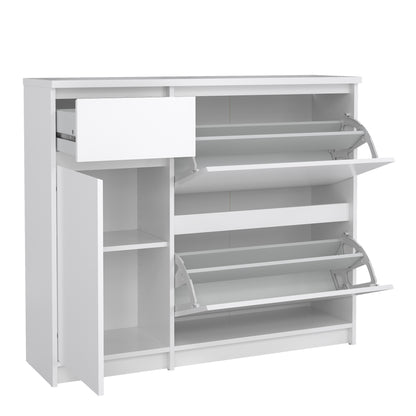 naia shoe cabinet with 2 flip down doors 1 door and 1 drawer in white high gloss