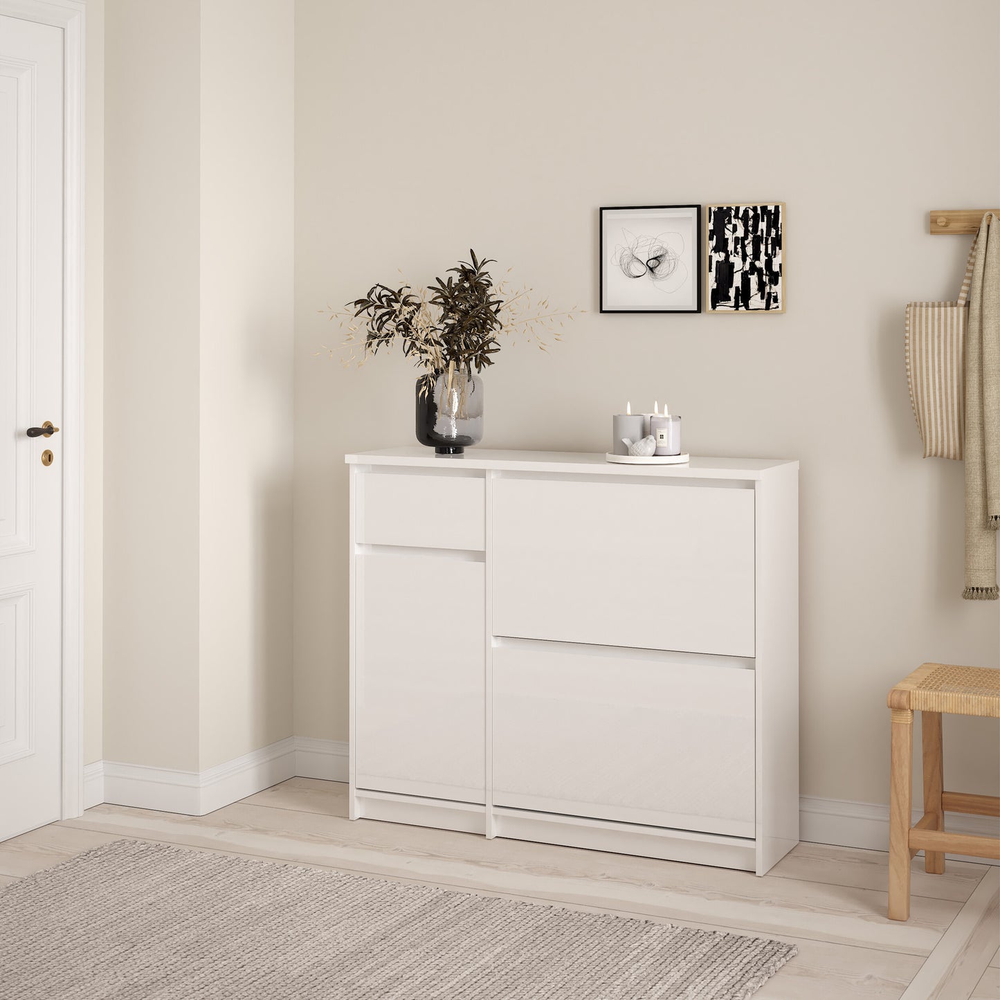 naia shoe cabinet with 2 flip down doors 1 door and 1 drawer in white high gloss