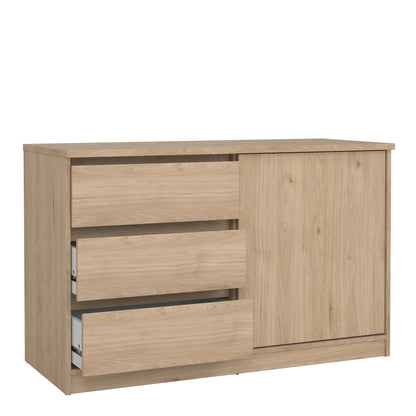 naia storage unit with 1 sliding door and 3 drawers in jackson hickory oak