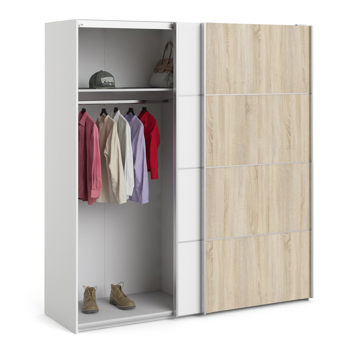 verona sliding wardrobe 180cm in white with white and oak doors with 5 shelves