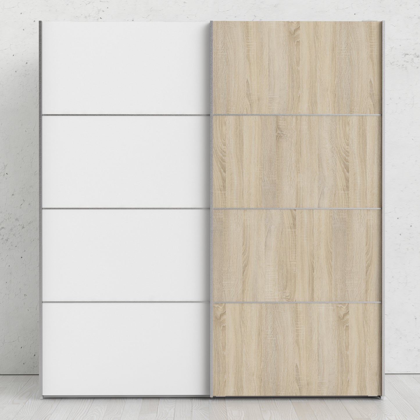verona sliding wardrobe 180cm in white with white and oak doors with 5 shelves