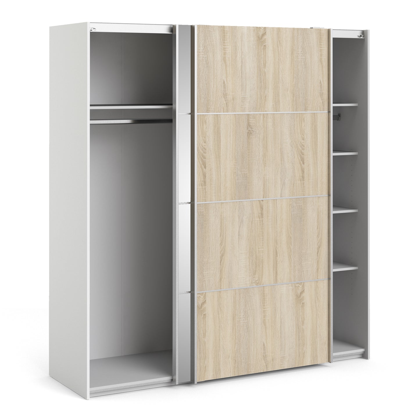 verona sliding wardrobe 180cm in white with oak and mirror doors with 5 shelves