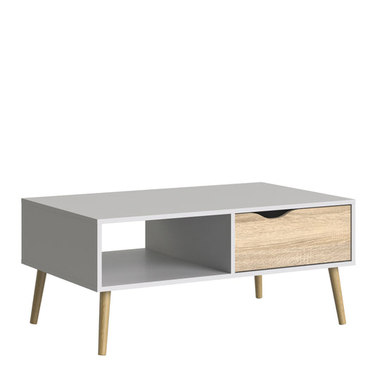 oslo coffee table 1 drawer 1 shelf in white and oak