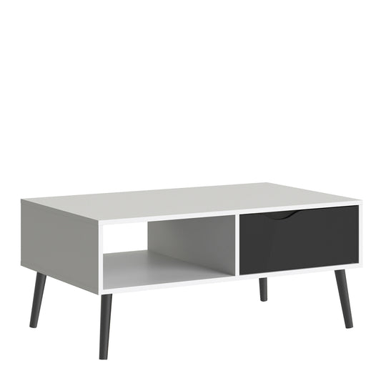 oslo coffee table 1 drawer 1 shelf in white and black matt