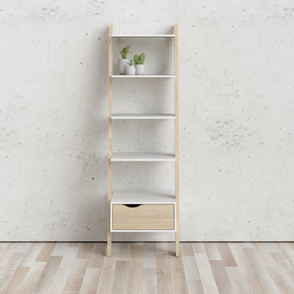 oslo leaning bookcase 1 drawer in white and oak
