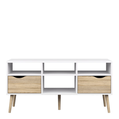 oslo tv unit wide 2 drawers 4 shelves in white and oak