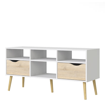 oslo tv unit wide 2 drawers 4 shelves in white and oak