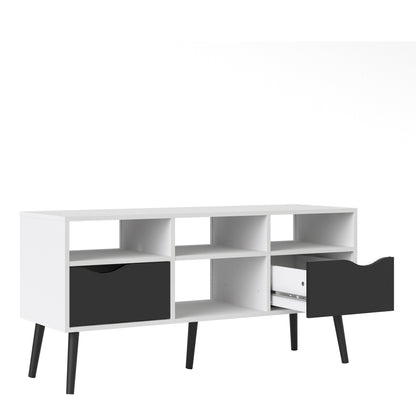 oslo tv unit wide 2 drawers 4 shelves in white and black matt