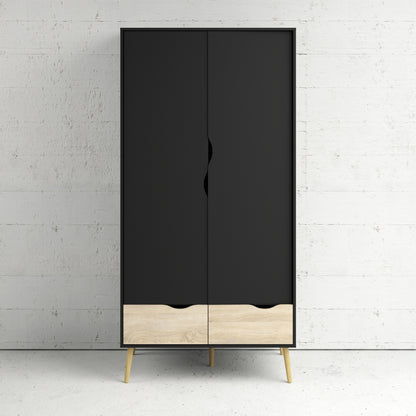 oslo wardrobe 2 doors 2 drawers in black and oak