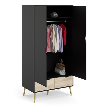 oslo wardrobe 2 doors 2 drawers in black and oak