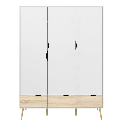 oslo wardrobe 3 doors 3 drawers in white and oak