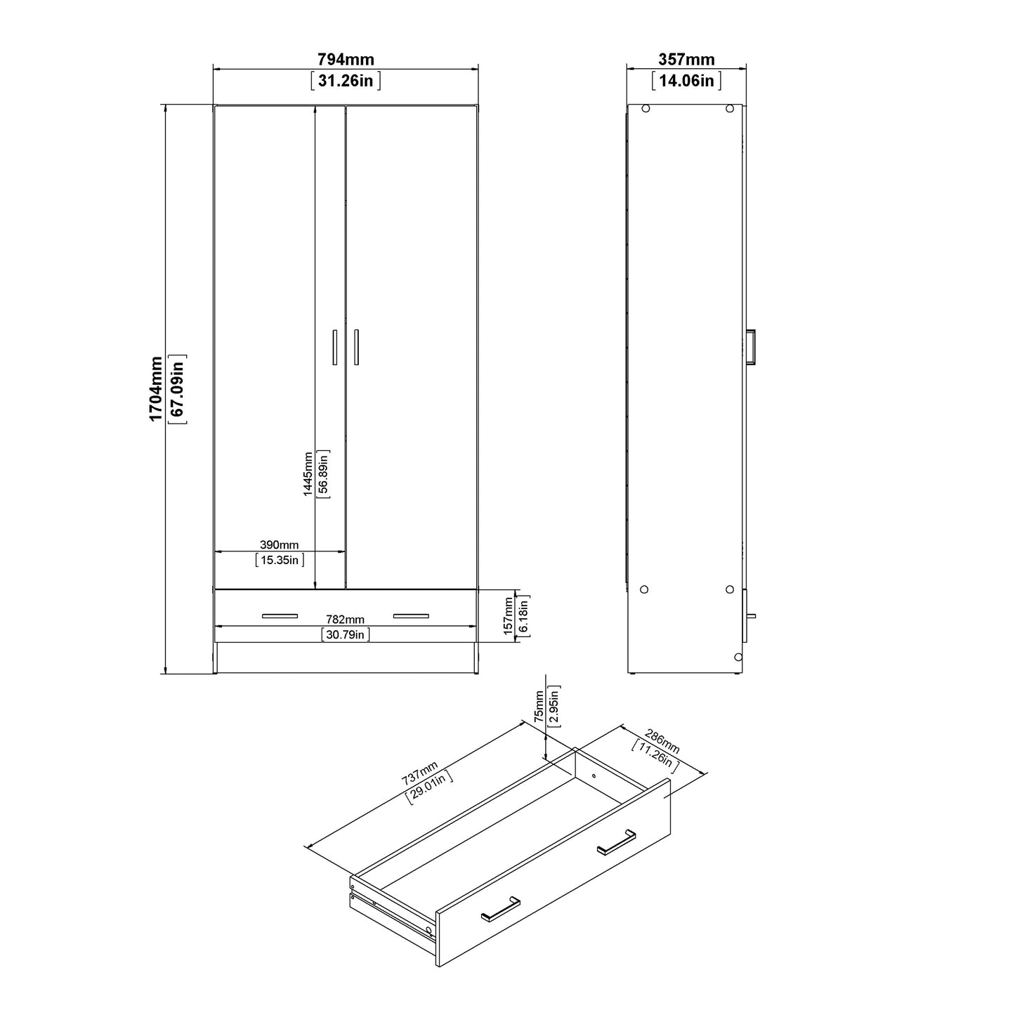 space wardrobe with 2 doors + 1 drawer in white 1750