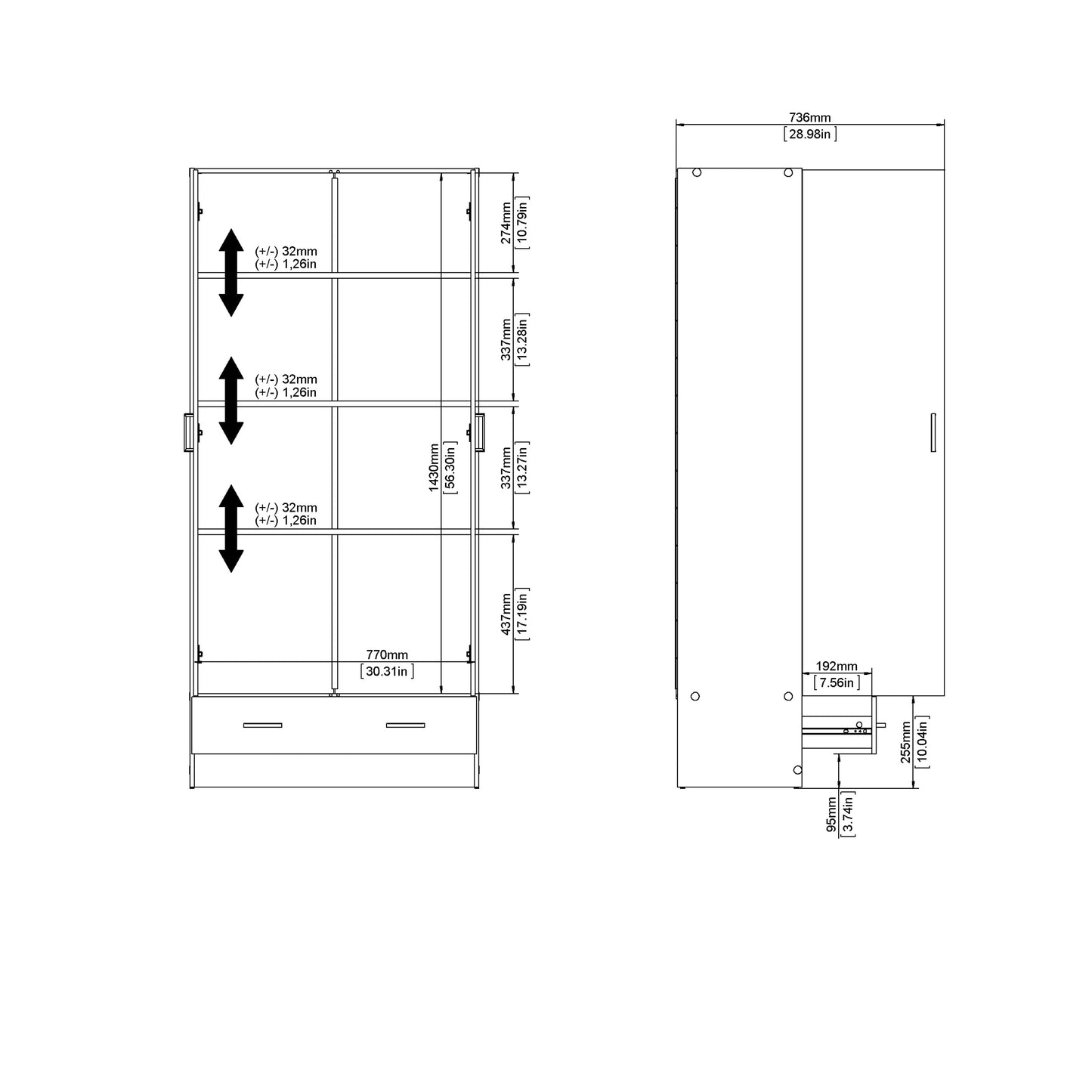 space wardrobe with 2 doors + 1 drawer in white 1750