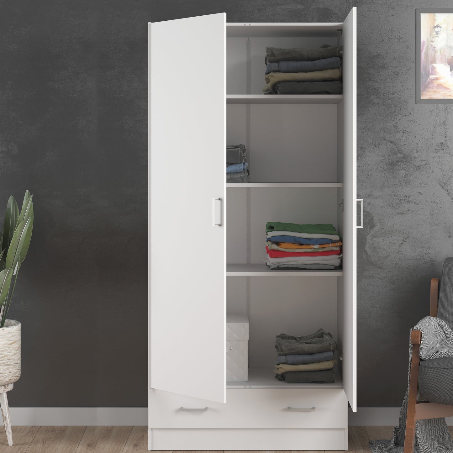 space wardrobe with 2 doors + 1 drawer in white 1750