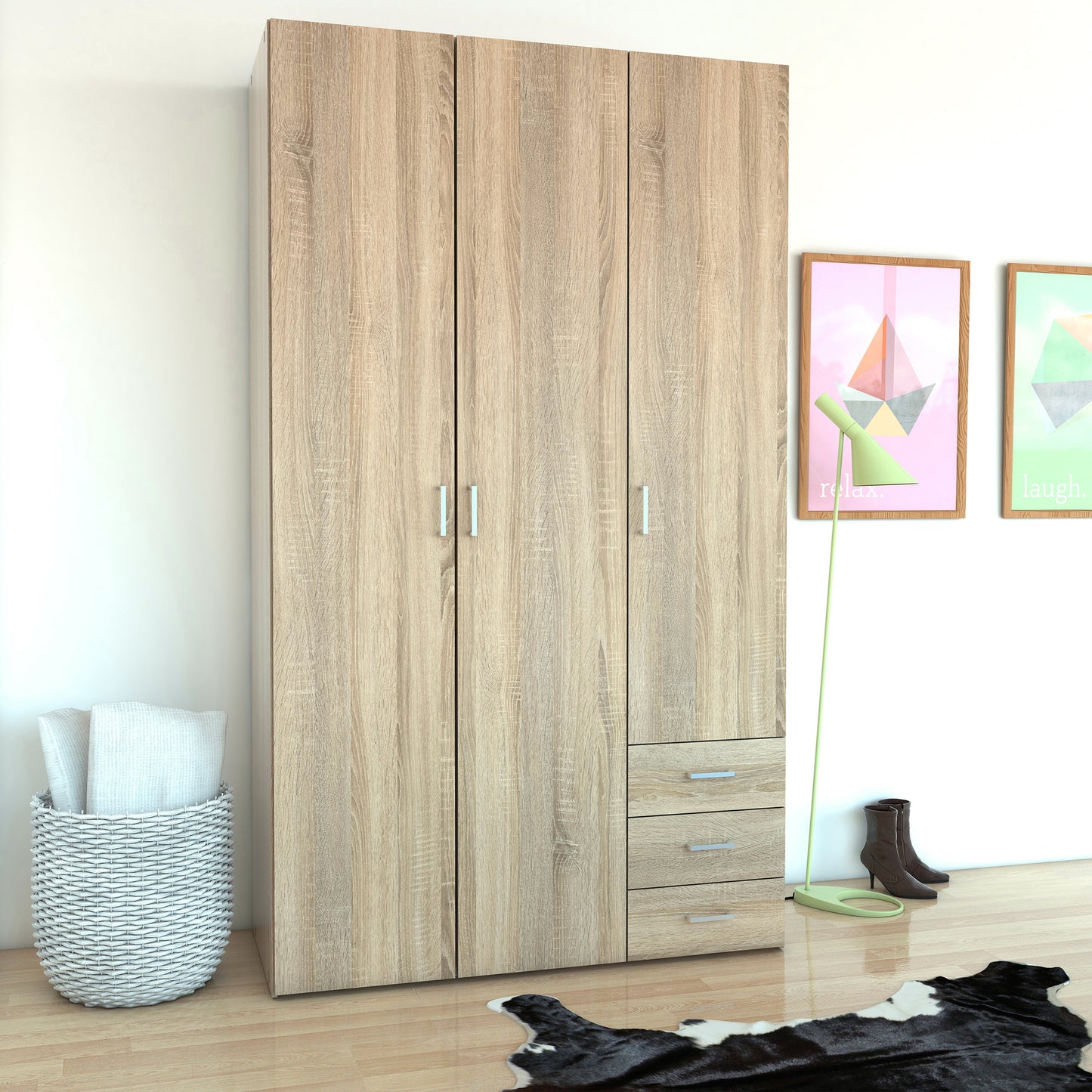 space wardrobe 3 doors 3 drawers in oak 2000