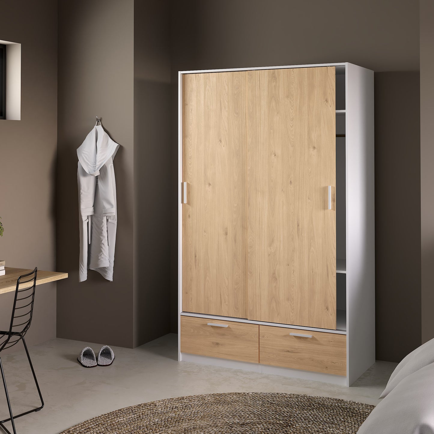 line wardrobe with 2 doors 2 drawers in white and jackson hickory oak