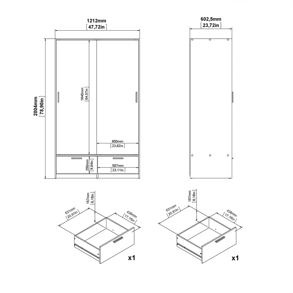 Line Wardrobe with 2 Sliding Doors 2 Drawers in Jackson Hickory Oak