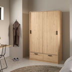 Line Wardrobe with 2 Sliding Doors 2 Drawers in Jackson Hickory Oak