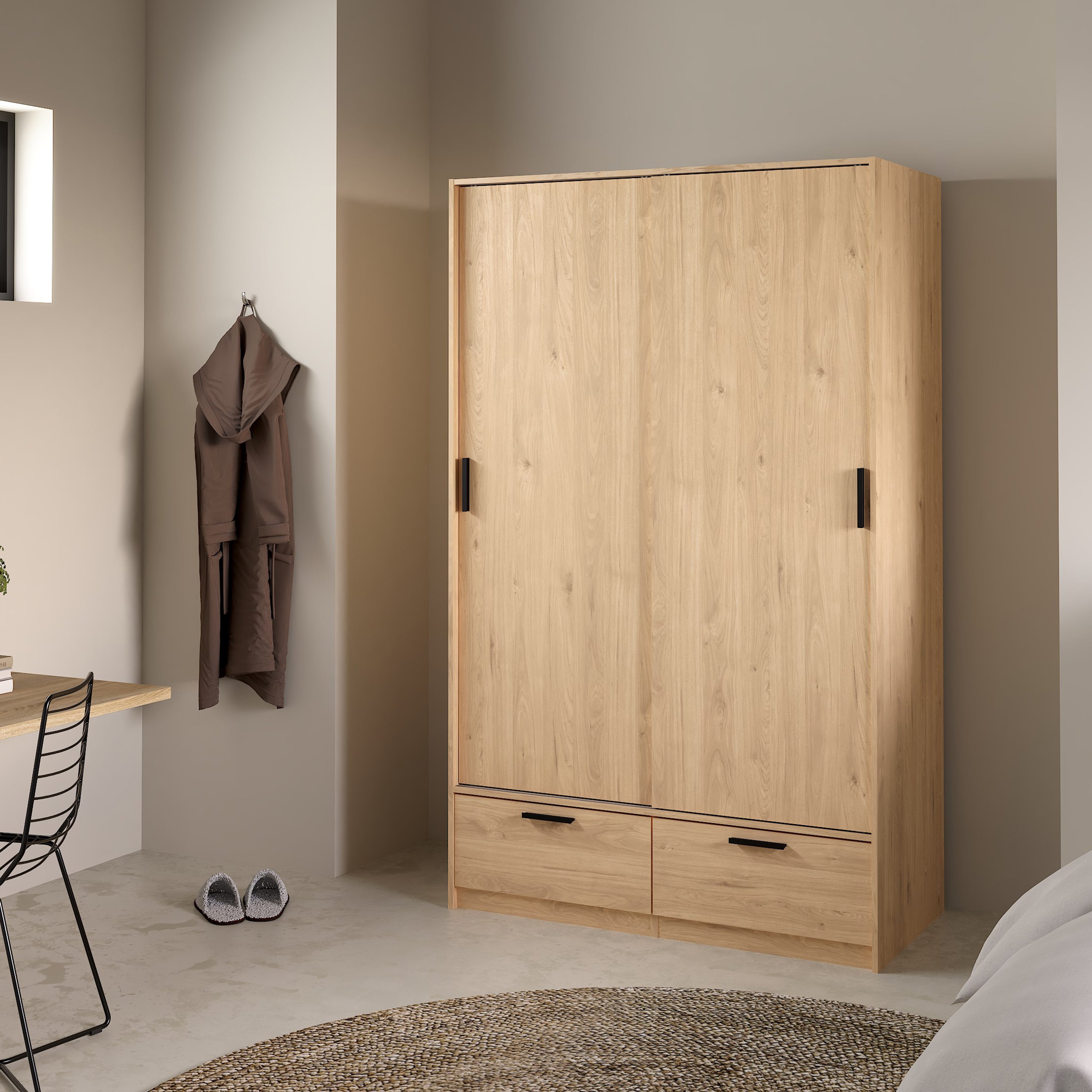 Line Wardrobe with 2 Sliding Doors 2 Drawers in Jackson Hickory Oak