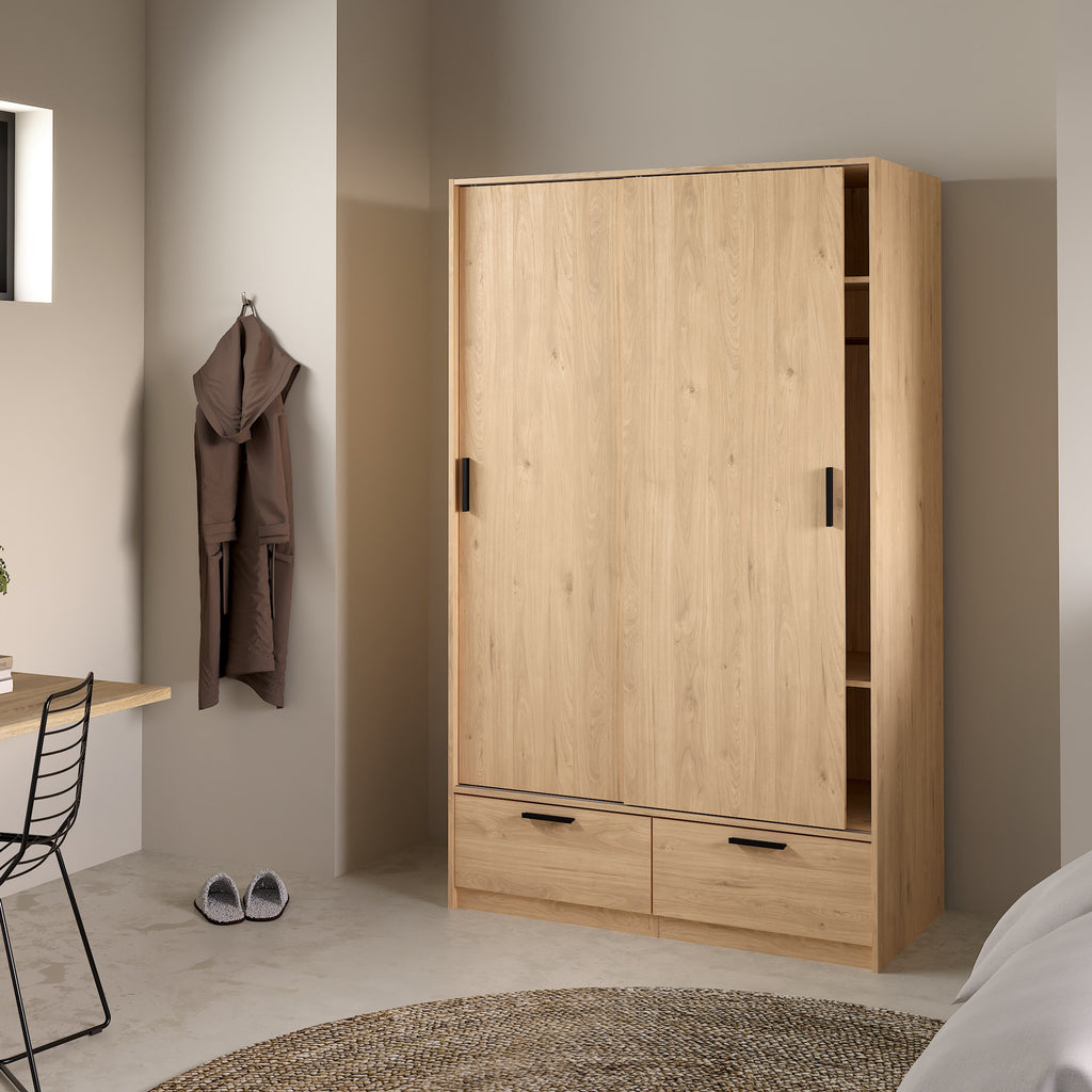 Line Wardrobe with 2 Sliding Doors 2 Drawers in Jackson Hickory Oak