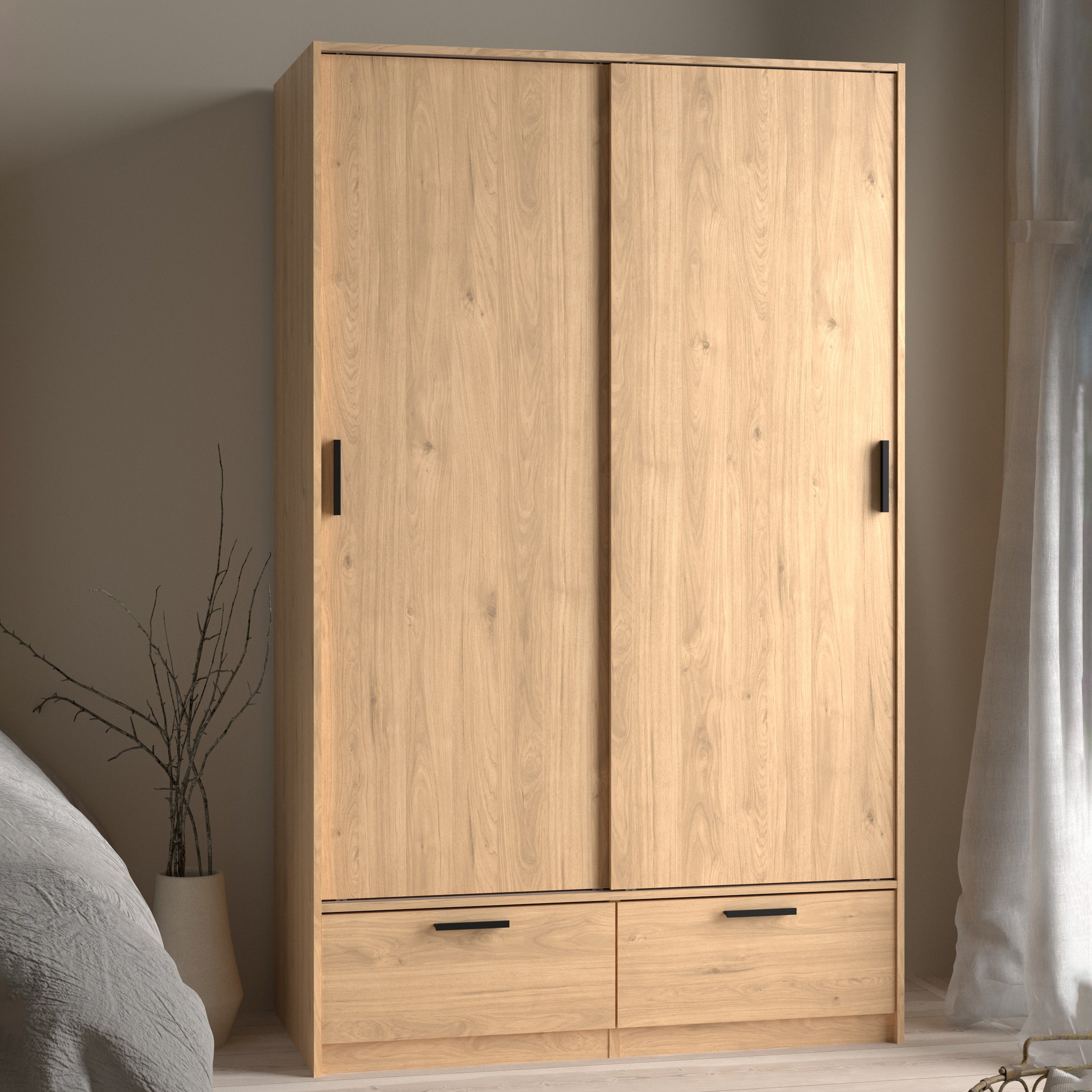 Line Wardrobe with 2 Sliding Doors 2 Drawers in Jackson Hickory Oak