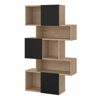 maze asymmetrical bookcase with 3 doors in jackson hickory and black