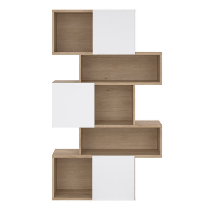 maze asymmetrical bookcase with 3 doors in jackson hickory and white high gloss