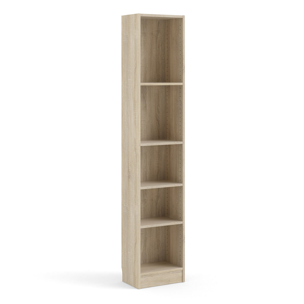 Basic Tall Narrow Oak Bookcase with 4 Shelves – Space Saving Wooden Storage Unit