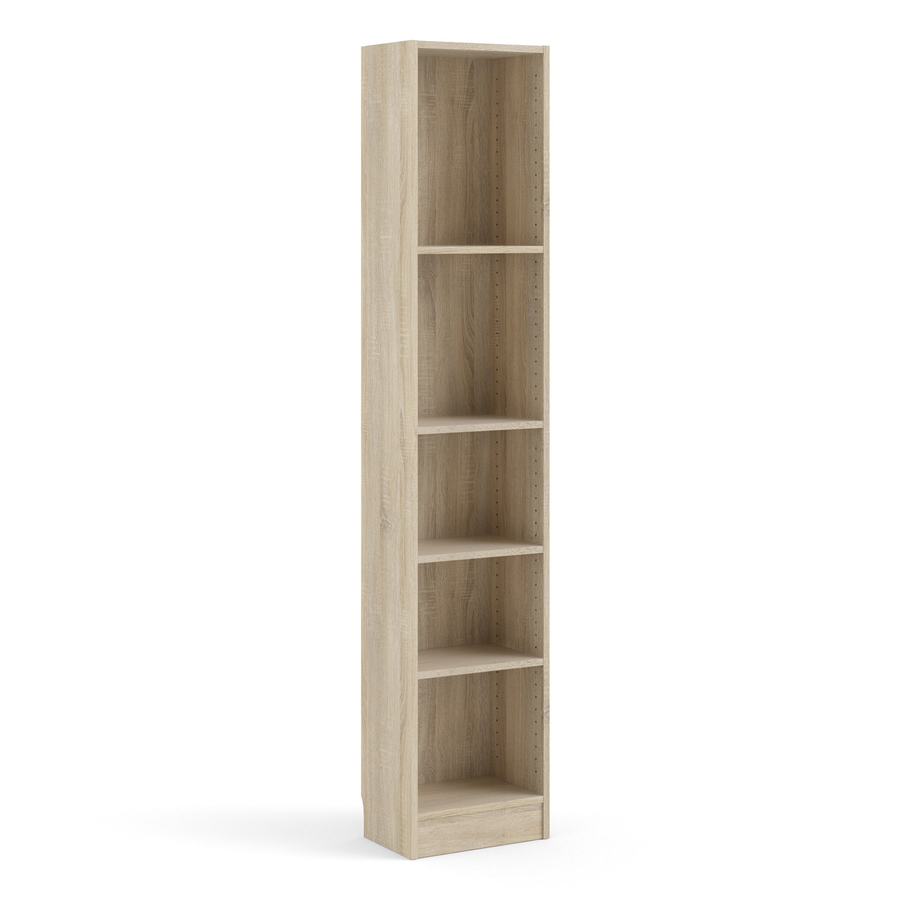 Basic Tall Narrow Oak Bookcase with 4 Shelves – Space Saving Wooden Storage Unit