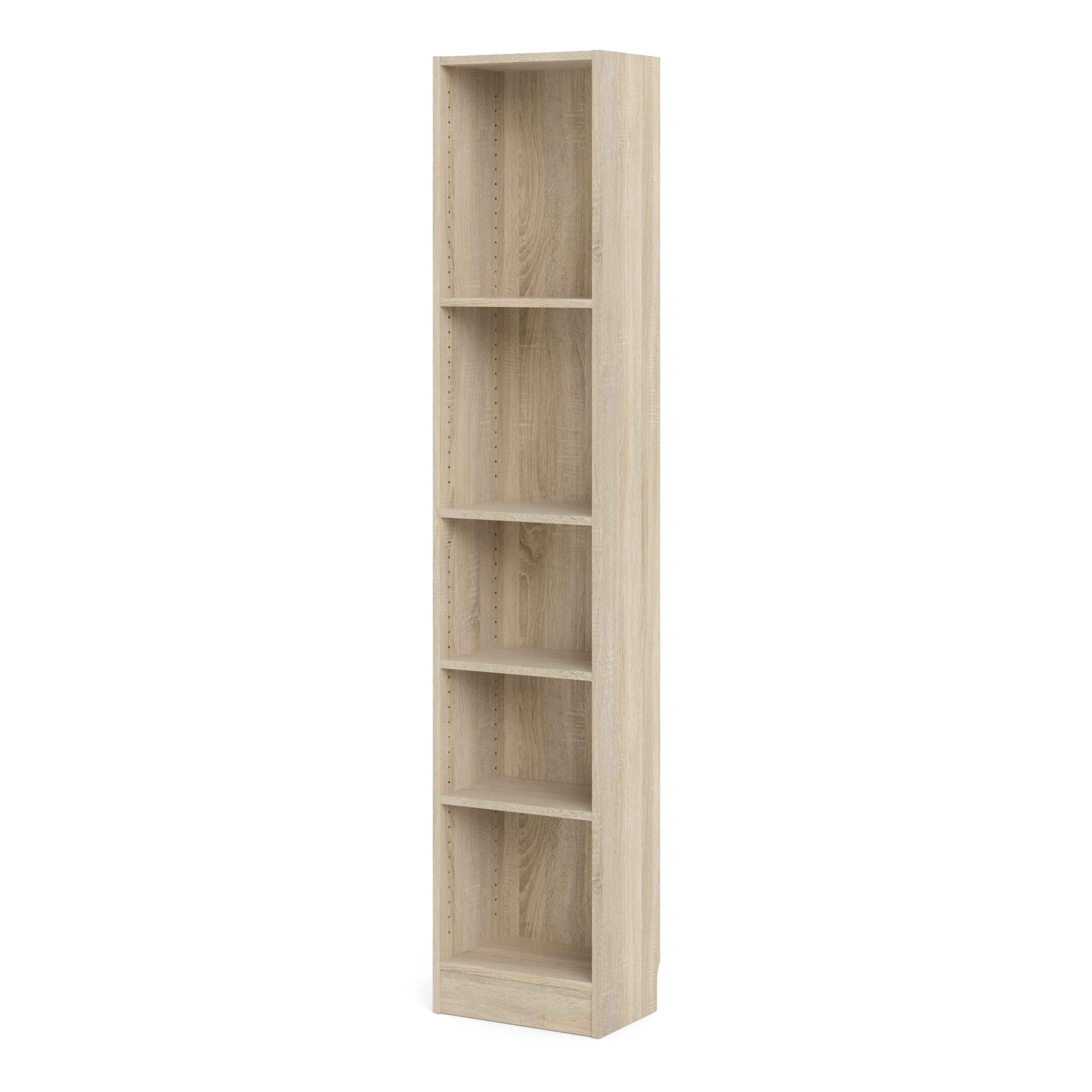 Basic Tall Narrow Oak Bookcase with 4 Shelves – Space Saving Wooden Storage Unit