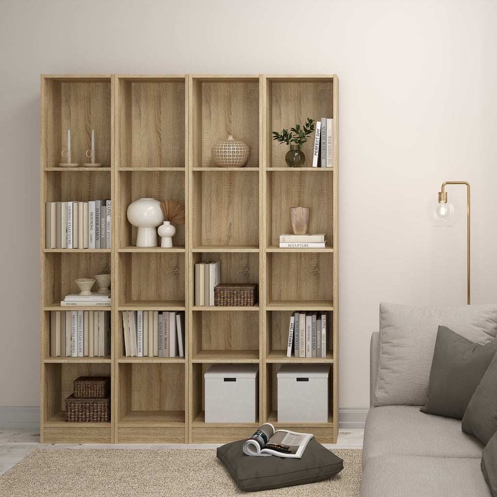 Basic Tall Narrow Oak Bookcase with 4 Shelves – Space Saving Wooden Storage Unit