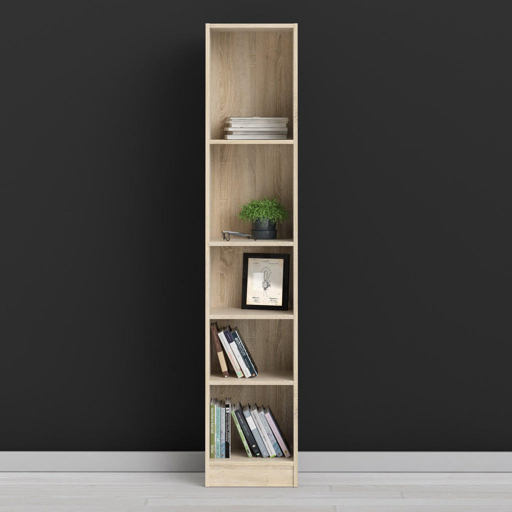 Basic Tall Narrow Oak Bookcase with 4 Shelves – Space Saving Wooden Storage Unit