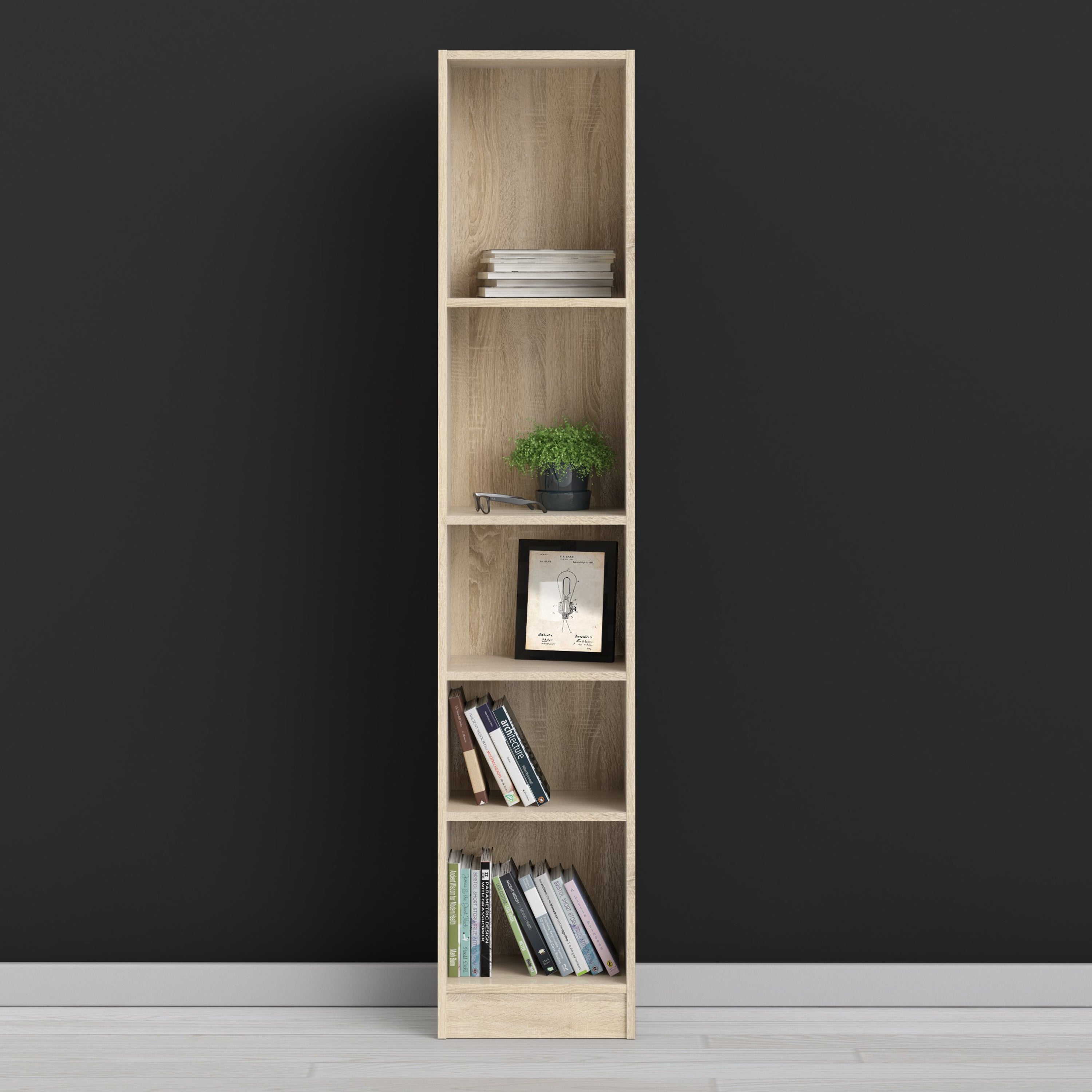 Basic Tall Narrow Oak Bookcase with 4 Shelves – Space Saving Wooden Storage Unit