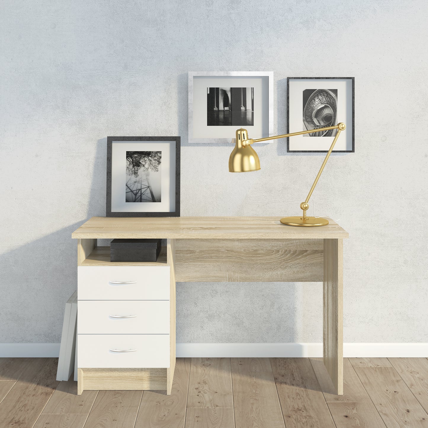 function plus oak desk 3 white drawers
